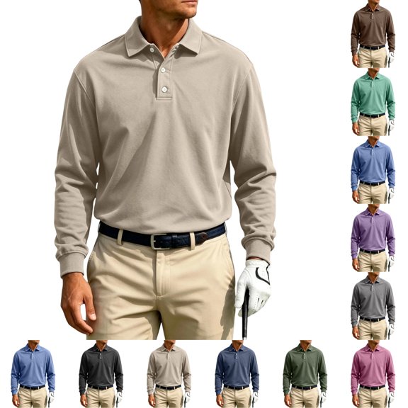 UDAUDU Men's Casual Polo Shirts Long Sleeve Basic Thermal Pullover Tops | Soft,Stretchy,Comfy,Classic Collar,Button Up,Solid,Relaxed Fit,Golf Polo Shirts Khaki 3XL
