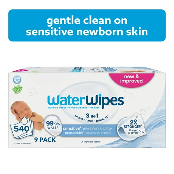 WaterWipes Sensitive Newborn & Baby Wipes, 3-In-1 Cleans, Cares, Protects, 99.9% Water, Unscented & Hypoallergenic, 9 Packs (540 Wipes)