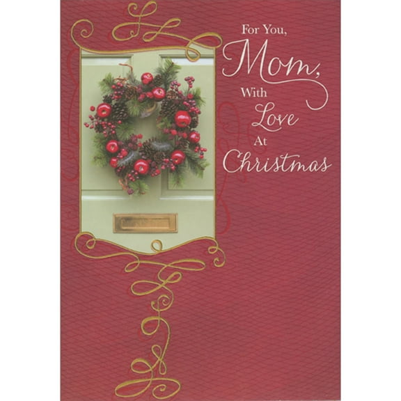 Designer Greetings Wreath with Red Berries and Apples on Light Green Doorframe Christmas Card for Mom