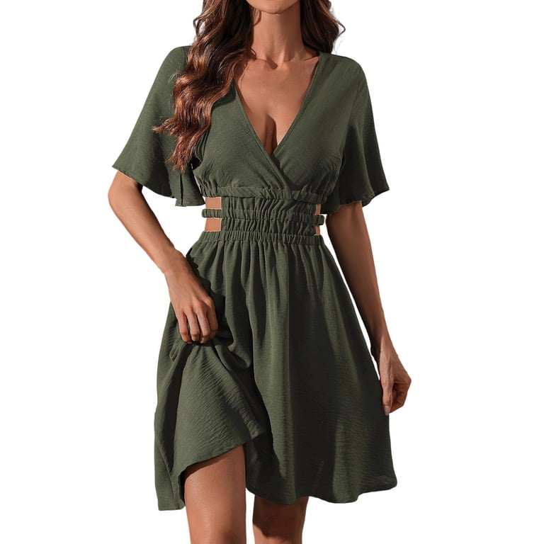v cut boho dress Boho V-Neck Mini Dress Long Sleeve Printed A-Line Empire Waist Dress