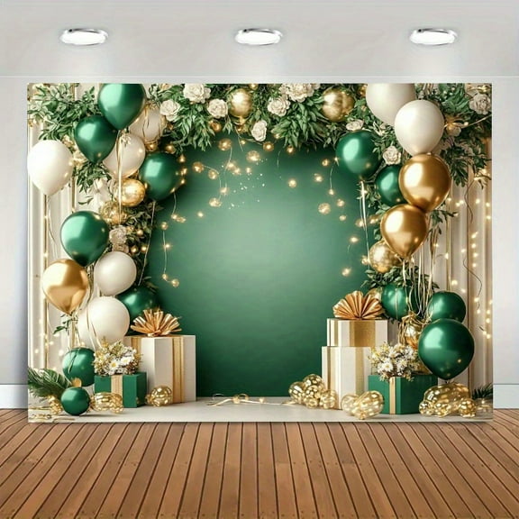 Elegant Green Golden Themed Backdrop Luxurious Green Balloons Floral Photography Background for Women Green Birthday Decorations Supplies
