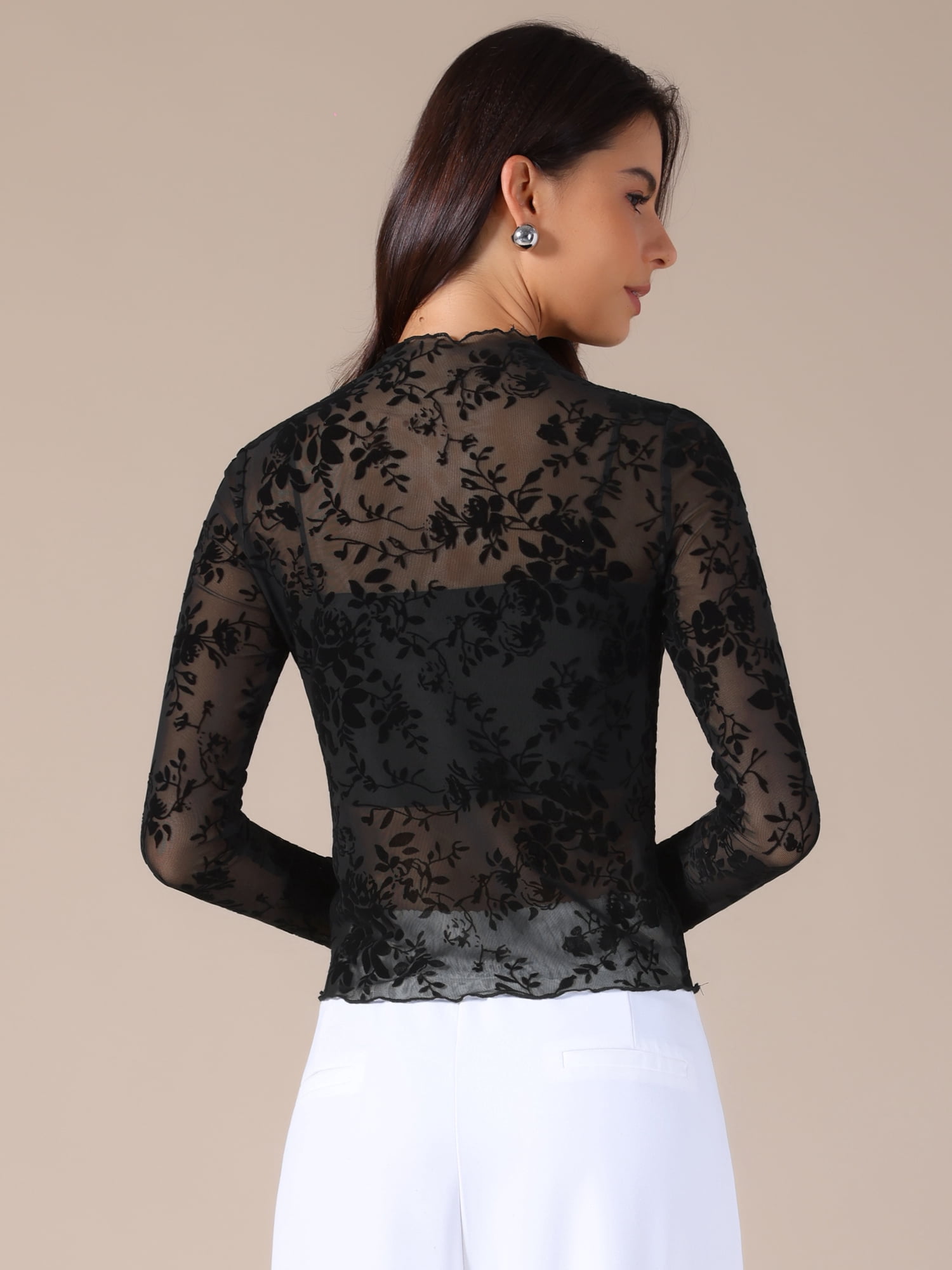 DARING DIVA Women's Sheer Mesh Floral Mock Neck Long Sleeve Blouses 2XL Black