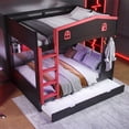 thumbnail image 3 of [Luckynote]Queen over Queen Bunk Bed with Trundle and Storage Shelves, Solid Wood Bunk Beds with hooks, No Box Spring Needed,Black&Red, 3 of 12
