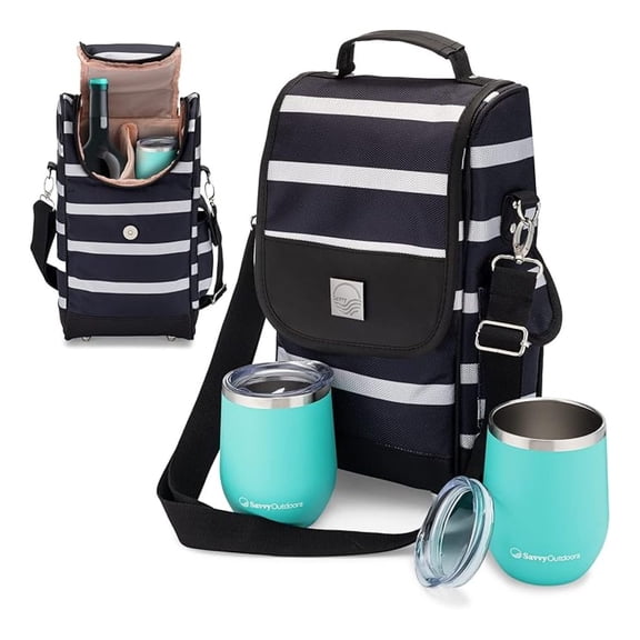 Insulated Wine Tote Bag with Glasses - Portable Wine Cooler, Beach Picnic Carrier
