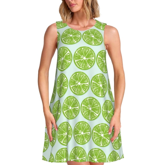 Fotbe Green Lemon Slices Vestido de Verano sin Mangas para Mujer – Vestido Midi Línea A, Estilo Camiseta Floral, Vestido Playero Casual y Fluido