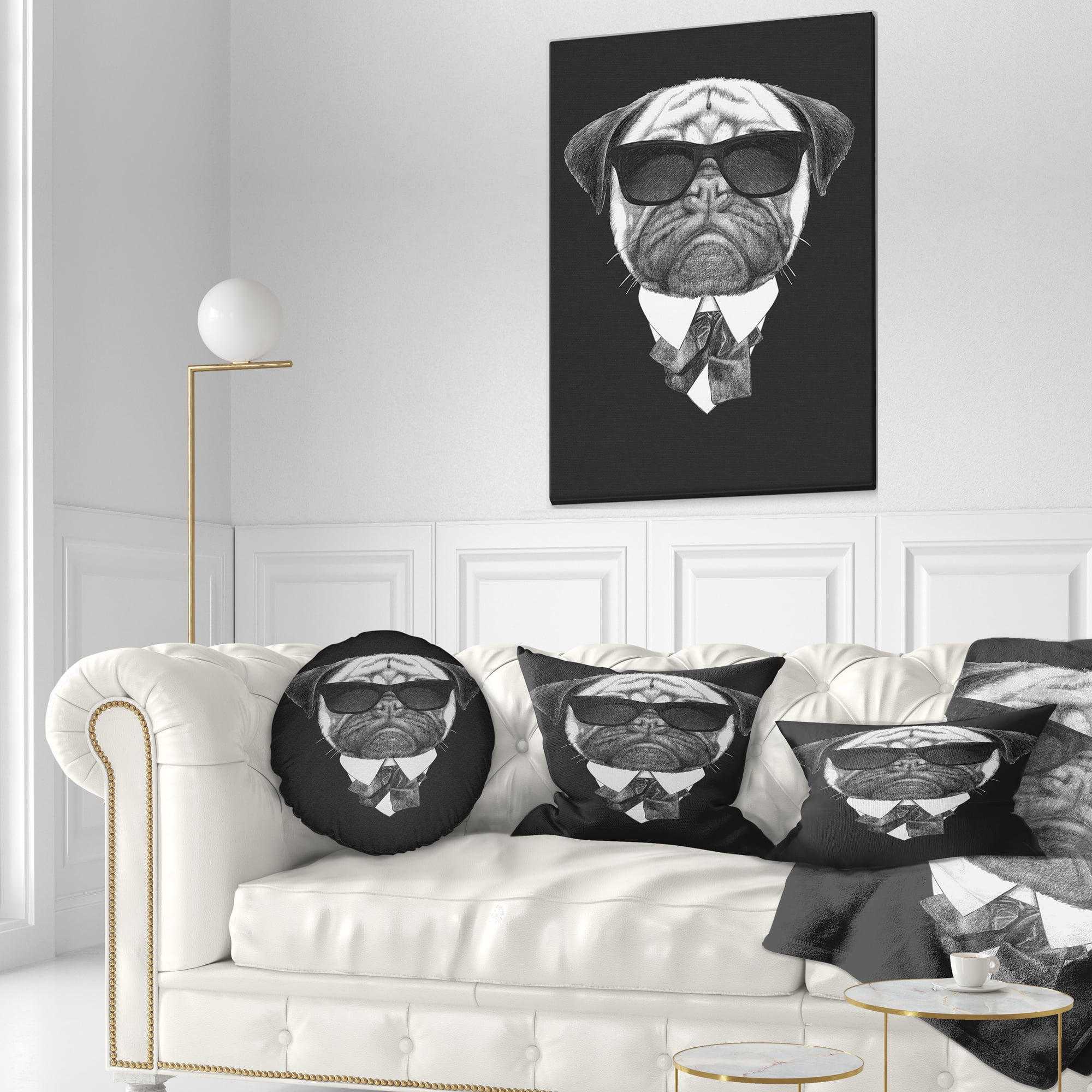 Designart Pug Dog Portrait in Suit - Animal Throw Pillow - 12x20