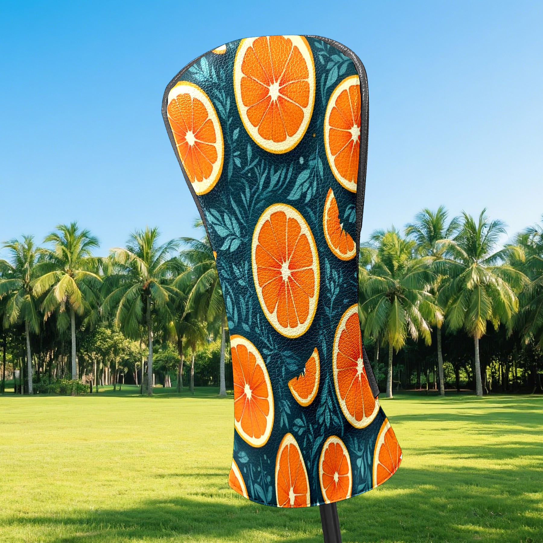 Golf Club Covers, Green Orange Premium PU Leather Driver Hybrid Putter Head Covers with Velvet Lining, Waterproof Golf Gifts for Men Women