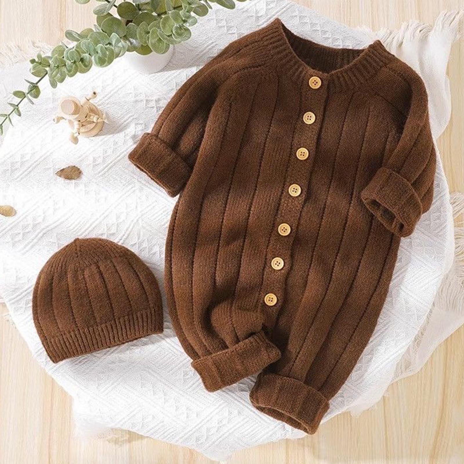 CLOISE Girls Long Sleeve Bodysuit with Hat Button Long Sleeve Solid Rompers Coffee 6 Months-3T