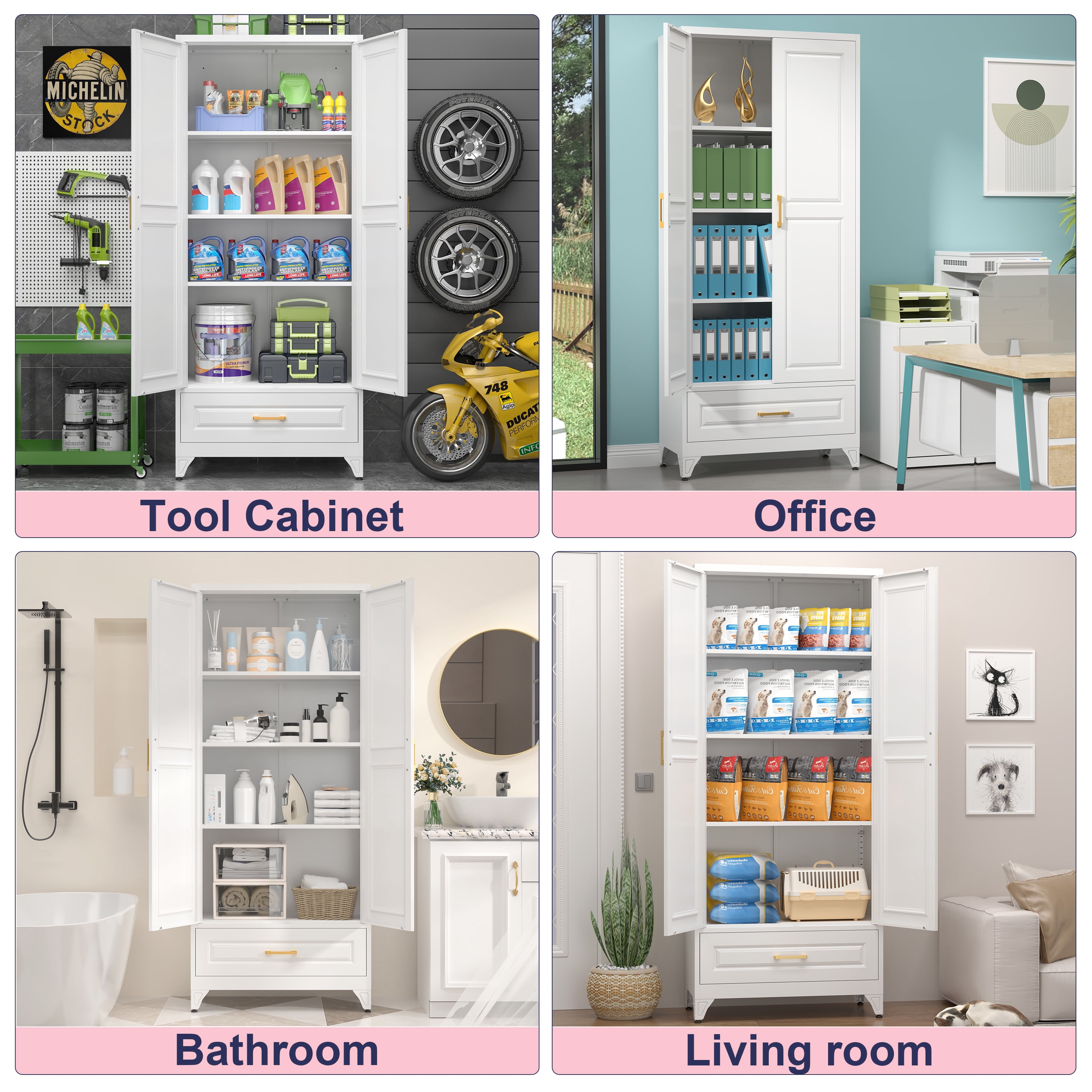 Polup 75"H Kitchen Pantry Cabinet, Metal Pantry Cabinet with Drawer, Storage Cabinets with Shelves, Food Cupboards