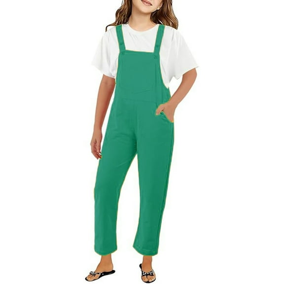 Girls' Casual Sleeveless Jumpsuits Green Rompers with Pockets Summer Rompers for Girls Preppy Clothes 3-4 Years Girls Fashion