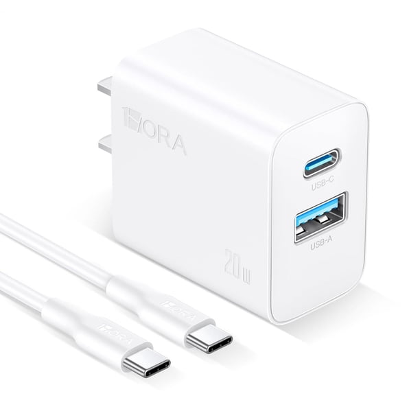 1 Hora Cargador de Carga Rápida 20W 2 en 1, Cargador Tipo C PD 20W + USB A QC 18W con Cable C a C, C