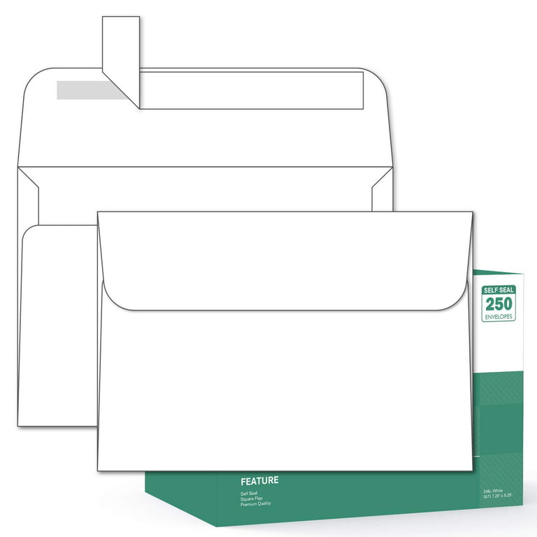 A7 Printable White Envelopes 5x7 250 Pack - Quick Self Seal,for 5x7 Cards, Photos, Graduation, Baby Shower, 5.25 x 7.25 Inches