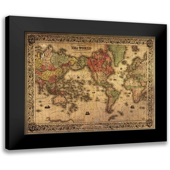 Colton 14x11 Black Modern Framed Museum Art Print Titled - 1852 Coltons Vintage Map of the World Antiqued
