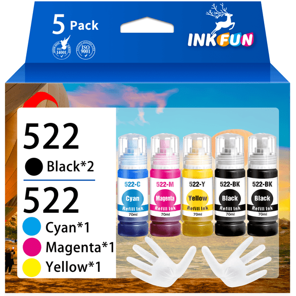 522 T522 Ink Bottle Replacement for Epson 522 Refill Ink for Epson 522 Ink Bottle for EcoTank ET-2720 ET-4700 ET-2800 ET-2803 ET-4800 Printer (5 Pack Black Cyan Magenta Yellow)