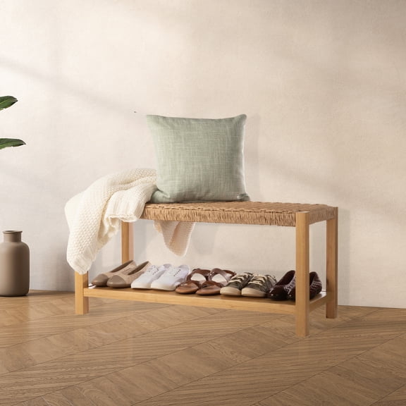 Alaterre Furniture Newport 40 in. Wood Bench with Rush Seat and Storage Shelf for Entryway or Bedroom, Natural