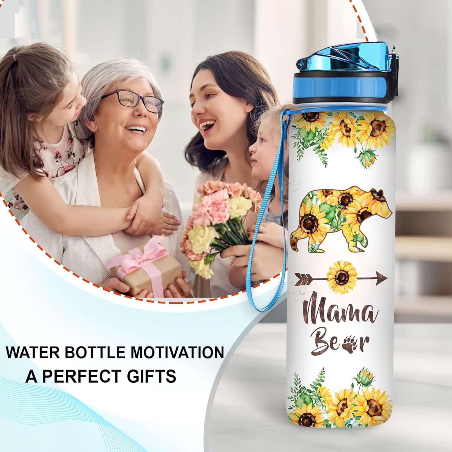 Bear Lovers Water Bottle - 32 Oz 1Liter Motivational Bottle With Time Marker, Mama Bear With Sunflower Gift For Animal Lovers, Women, Girls, Mom on Birthday, Christmas