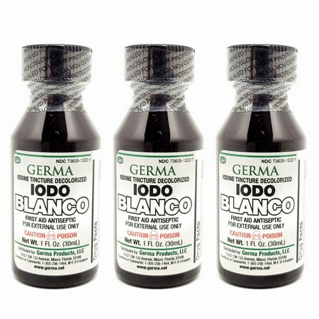 Germa White Iodine Tincture. First Aid Antiseptic. For Minor Scrapes, Cuts, Bruises and Burns. Prevents Skin Infection. 1 oz. Pack of 3