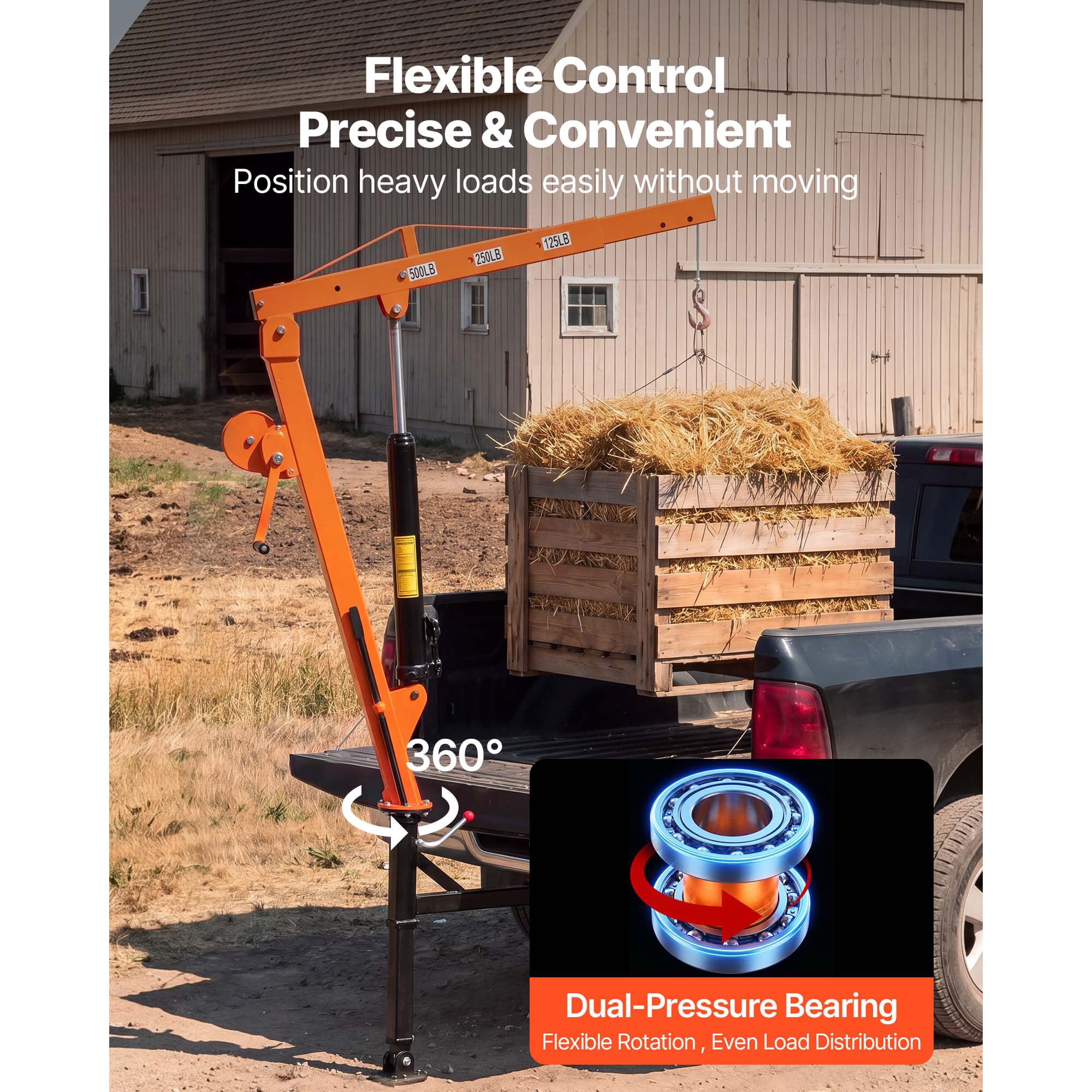 KFFKFF Truck Crane, 500 lbs Capacity, Hitch-Mounted with Manual Winch & Hydraulic Jack, 360° Rotating Telescopic Boom, Foldable Design for Lifting Machinery and Lumber