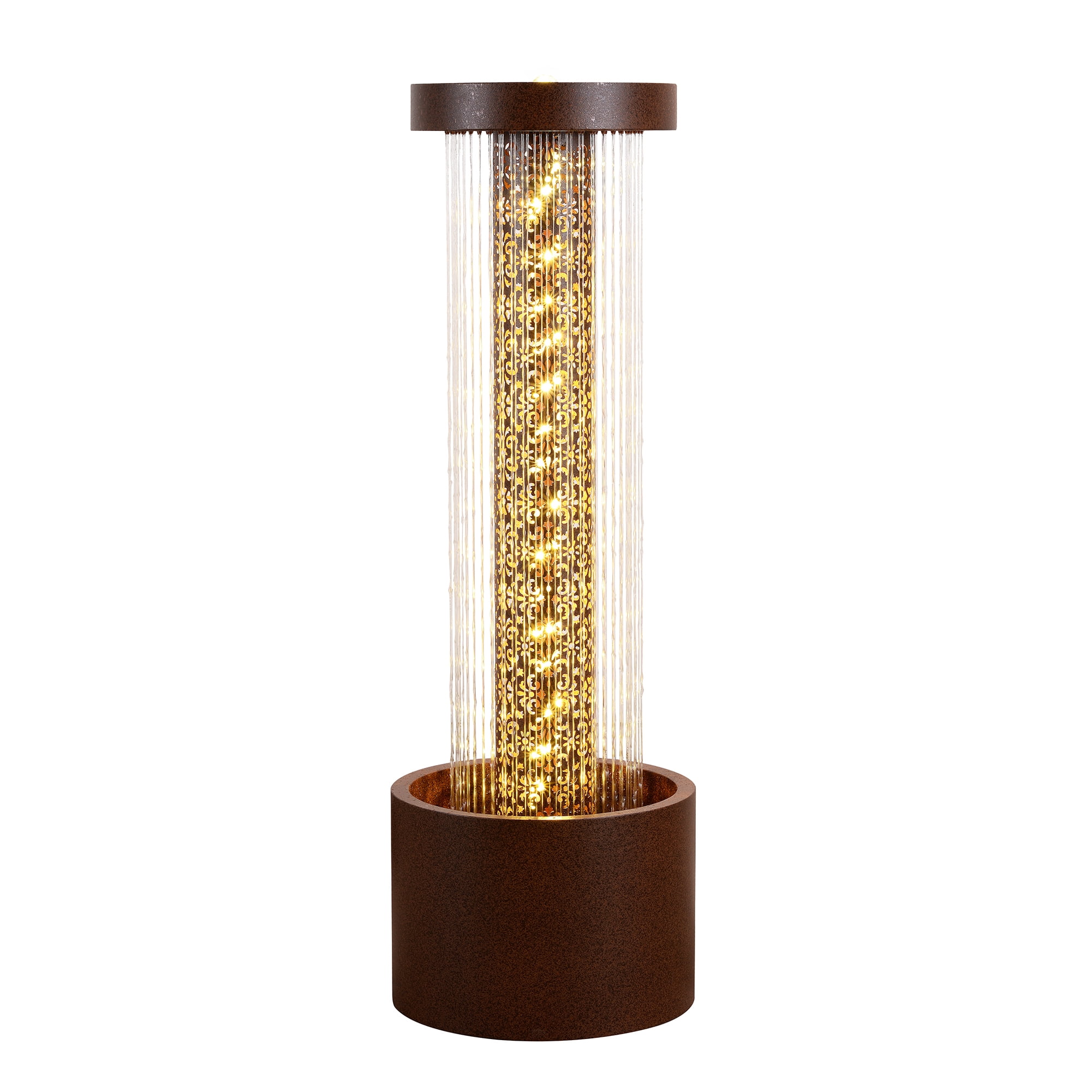 Metal Cascading Rain Water Fountain with Warm White LED Lights - Outdoor