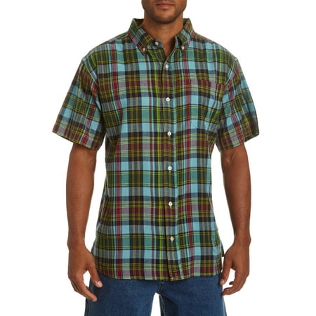 Stanley Men's short sleeve indigo overdyed plaid shirt.