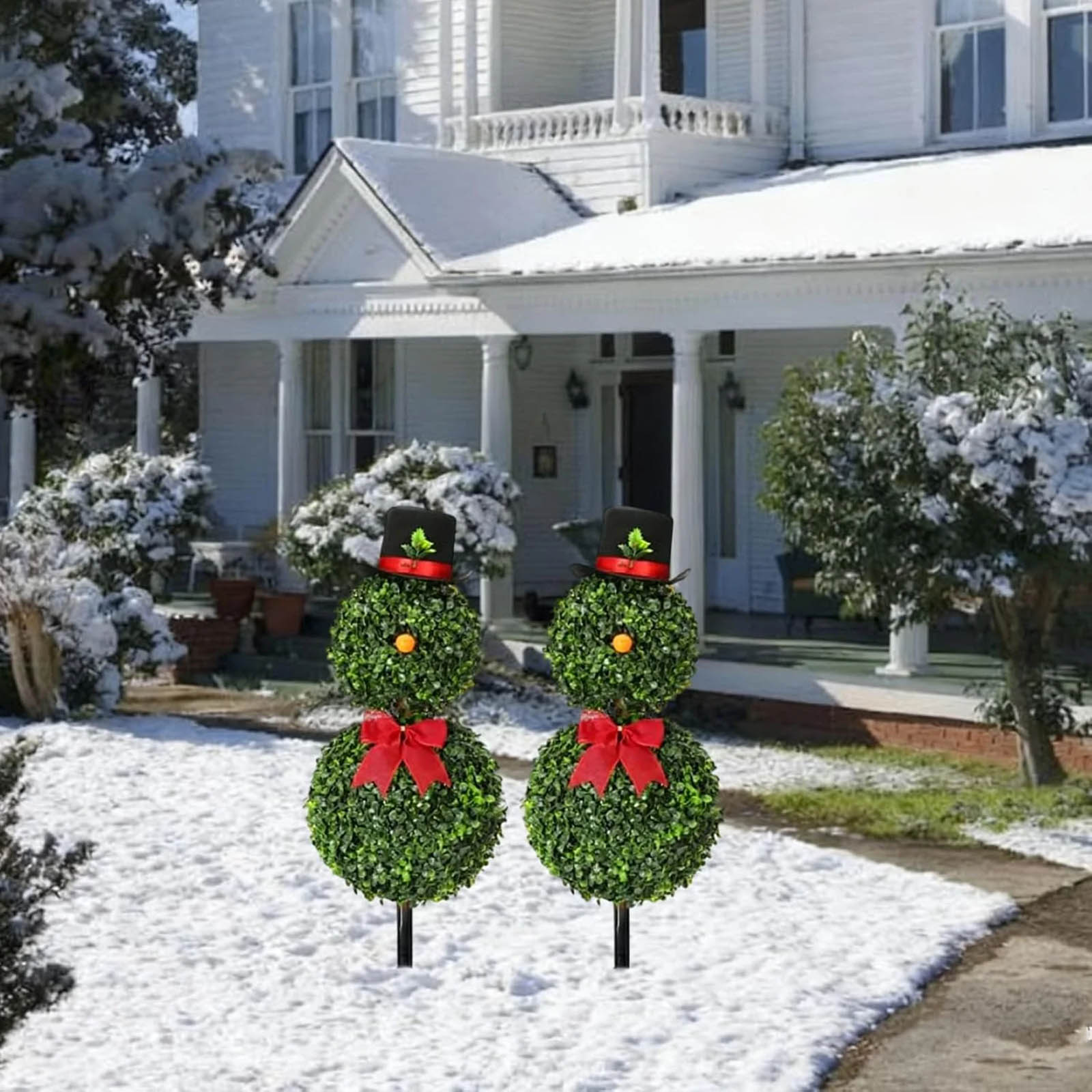 CY5O5ee Christmas Snowman Topiary Trees 31.5'' Boxwood Topiaries with Red Bow Tie Santa Hat 3D Yard Signs with Stakes for Christmas Indoor Outdoor Home Garden Porch Decor