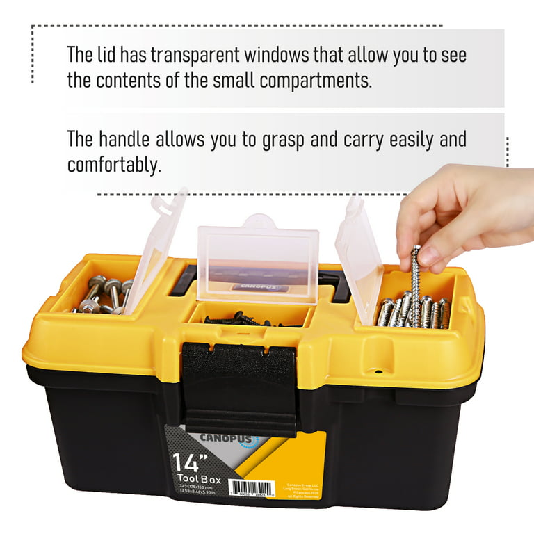 Canopus Plastic Toolbox, 14-inch Portable Tool Box, Tool Organizer with Extra Storage Tray for Home Tools, Nails and Pins, Black-Orange
