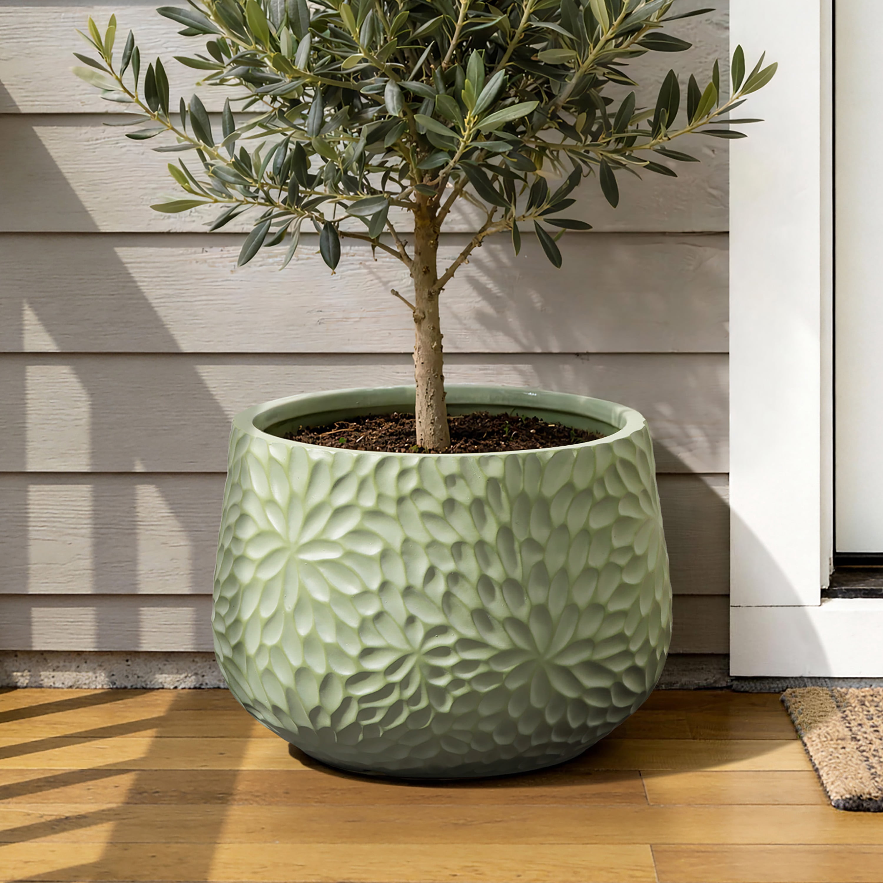 LuxenHome 16" Dia Green Large Round Planter with Floral Texture, Decorative Garden Plant Pot Indoor Outdoor Use