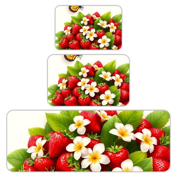 RKSupls Kitchen Rug Set 3 Piece Anti-Slip Flannel Floor Mats, Strawberry Butterfly Garden Washable Absorbent Runner Mats for Kitchen Bathroom Home Decor