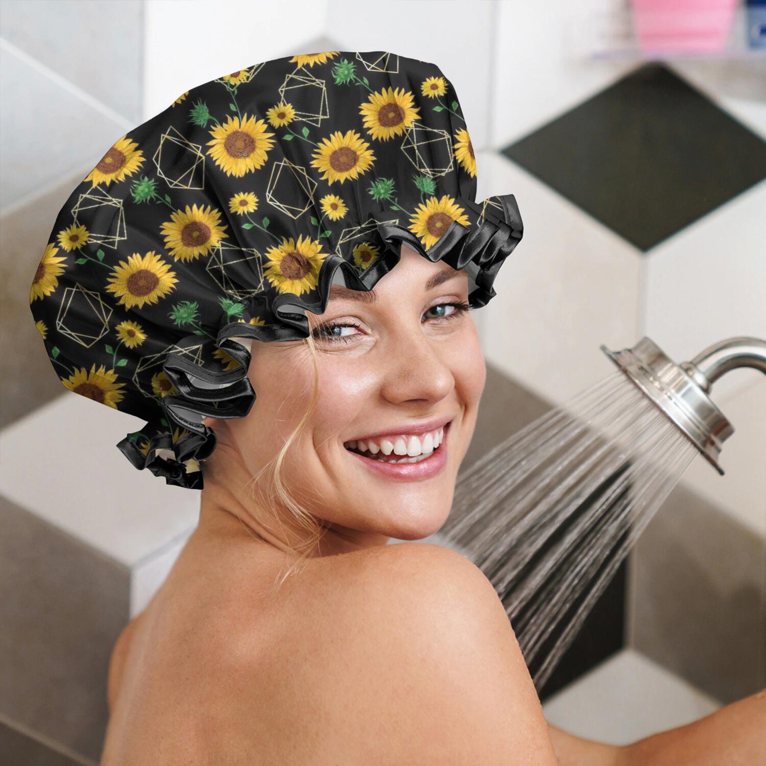 Shower Caps,Black Geometric Sunflower Pattern Waterproof Shower Cap for Women 4 Pieces,Double Reusable Hair Cover for Shower PEVA Elastic Stretch Hem