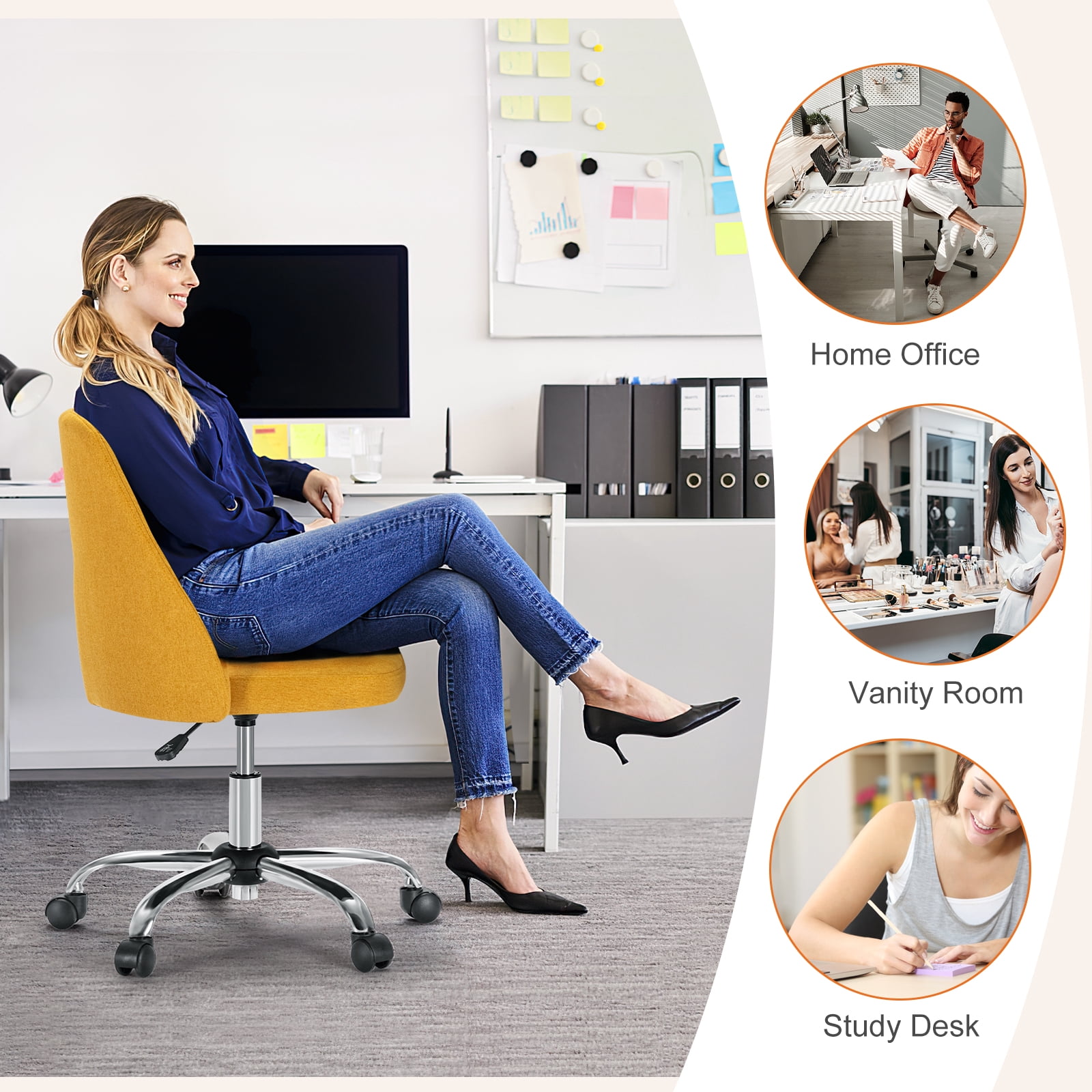 MAYEERTY Armless Office Desk Chair Height Adjustable, Mid Back Accent Chair, Yellow
