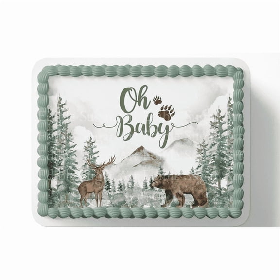 Woodland Themed Oh Baby, Bear & Elk Baby Shower Edible Image Cake Topper For Half Sheet Cake By TNCT