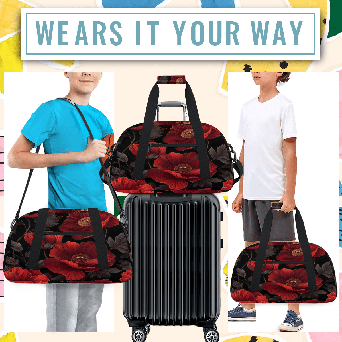 Herdesigns Red Floral Sports Duffle Bag for Women & Men, Poppy Gym Bag Dance Bag Overnight Bag Carry On Weekender Travel Bag