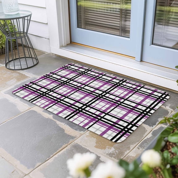 Purple Black Plaid Door Mat Indoor Outdoor, Farmhouse Purple Black Checkered Non Slip Welcome Mat with Rubber Backing, Absorbent Fabric Front Door Mats Entryway Rug for Home Patio Entrance 20"x31.5"
