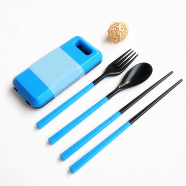 Folding Dinnerware 3 in 1 ABS Folding Tableware Set Cutlery Fork Chopsticks Set With Storage Box For Outdoor Camping Hiking Traveling