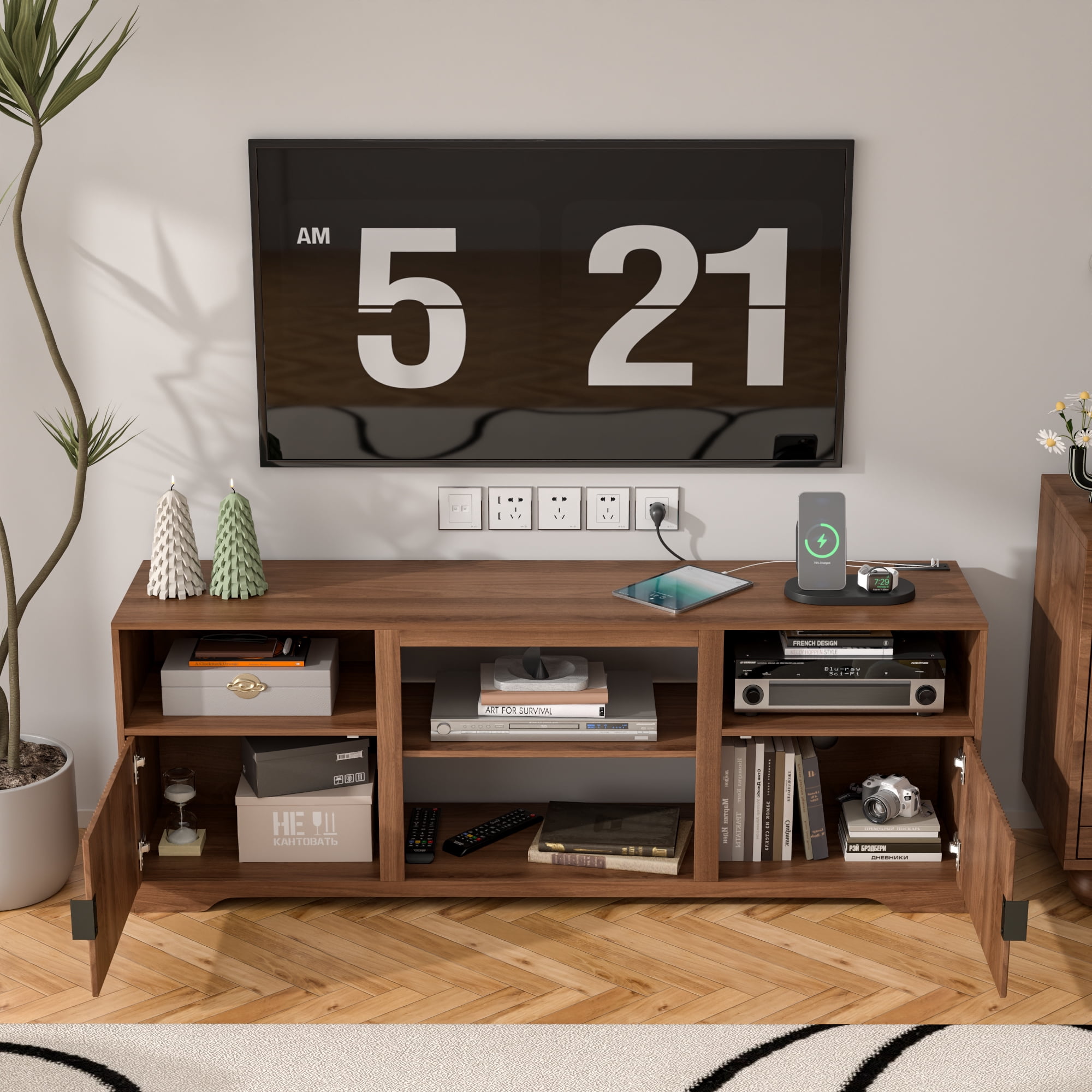 Lisicues TV Stand for TVs up to 80", 68" Media Console Cabinet with Storage Shelves & Cord Holes, Mid-Century Modern Entertainment Center for Living Room, Bedroom