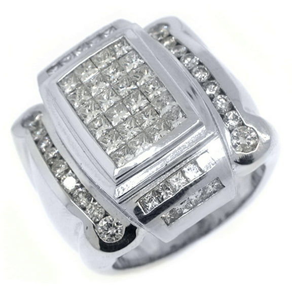 18k White Gold Mens Invisible Princess Cut Diamond Ring 3.41 Carats