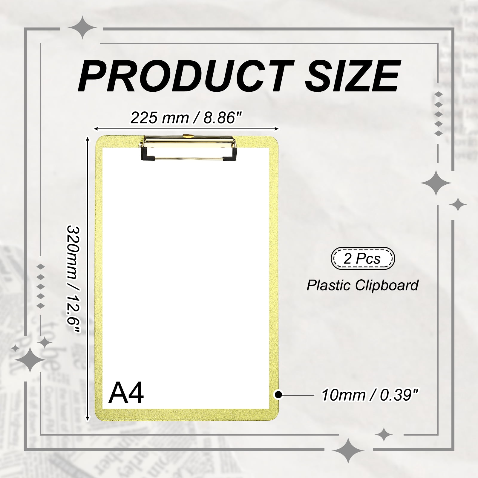 Uxcell 2 Pcs Plastic Clip Boards, A4 Size Glitter Gold Tone Stylish Clip Boards Glitter Design Cute Clipboards Office Supplies for Restaurant Shop Store Note Memo Card Sign Holder