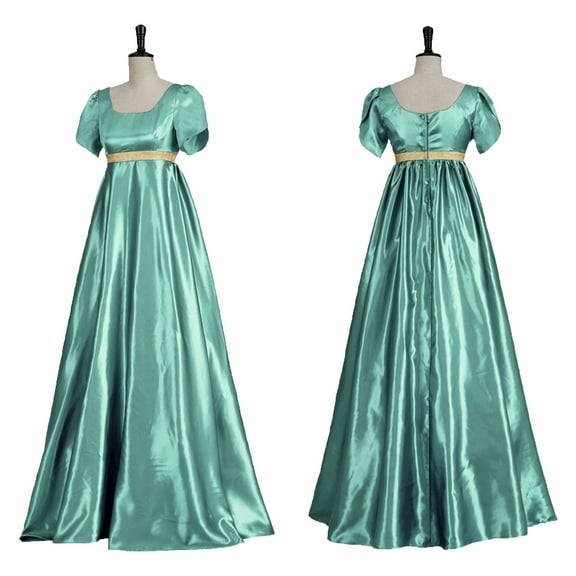 DUMUIELD Regency Dresses for Women with Satin Sash Ruffled Puff Sleeve Ball Gown Empire Waist Dress Long Tea Party Dress
