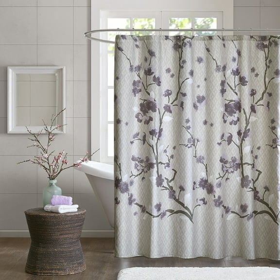 Home Essence Sakura Purple Floral Cotton Shower Curtain, 72"x72", Washable