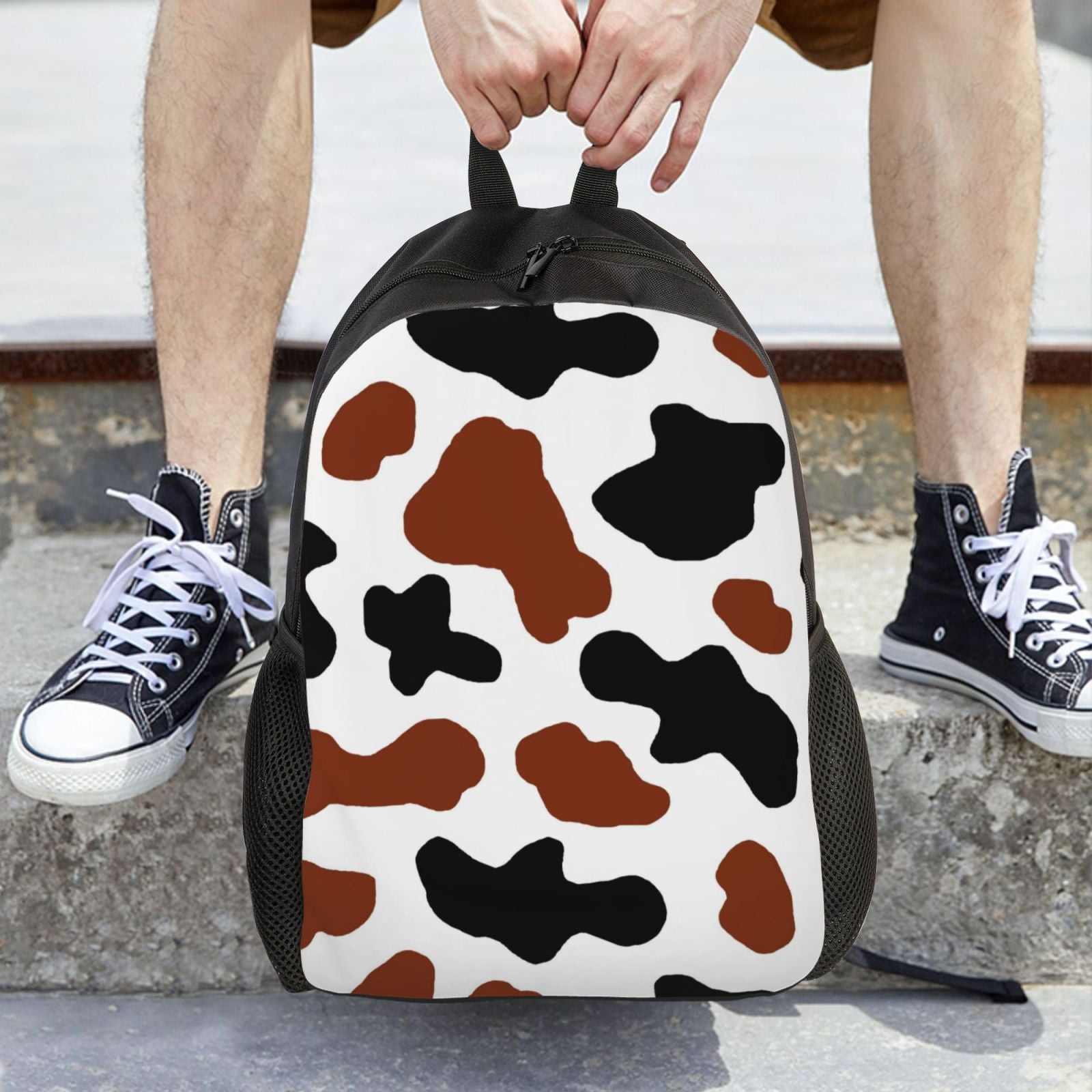 Xecao Brown Black Cow Print School Backpack with Laptop Compartment Small Travel Laptop Backpack for Women Men Waterproof College Backpack Simple School Bag