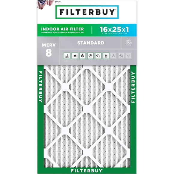 Filterbuy 16x25x1 MERV 8 (MPR 600) Dust Defense, Pleated HVAC AC Furnace Air Filters (1-Pack)