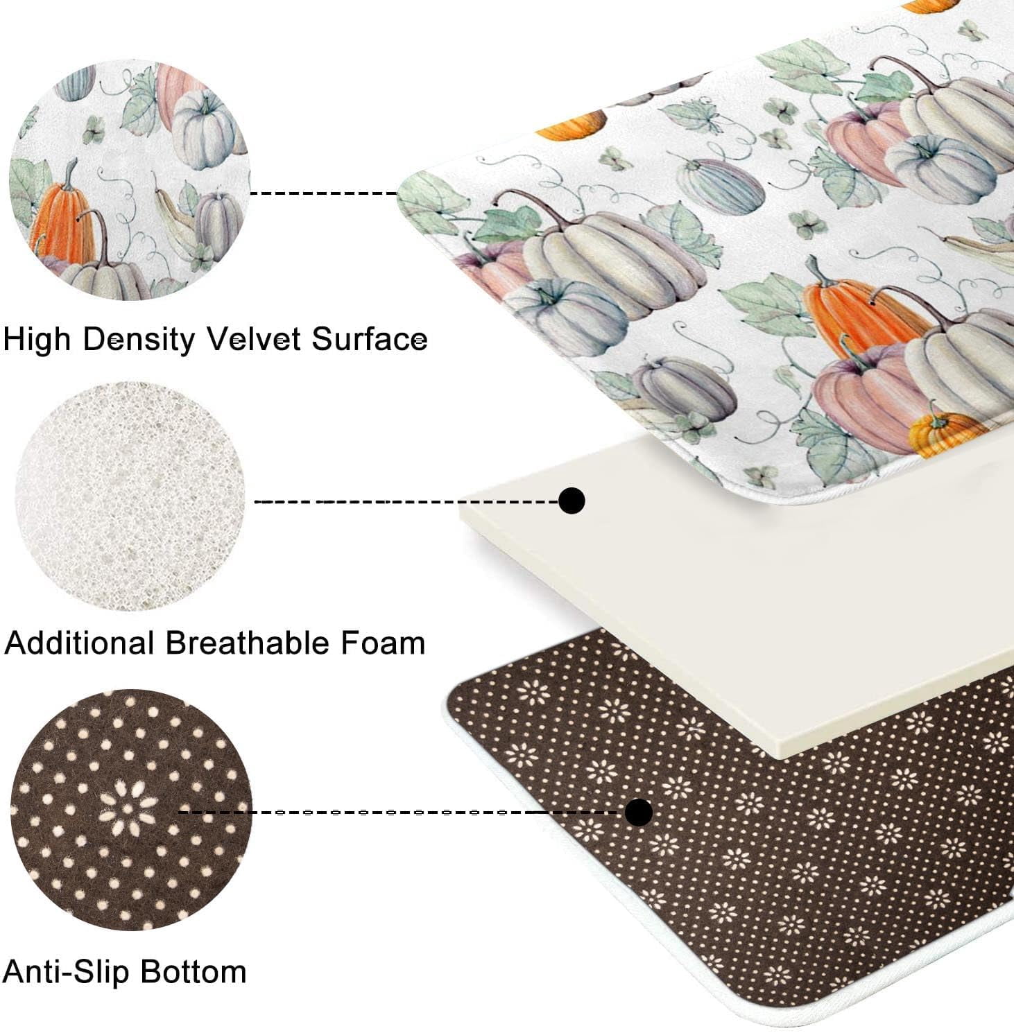 Bath Mat for Bathroom Autumn Thanksgiving Pumpkin White Orange Bathroom Rug No Silp,Cover Floor Rug Floor Mat 18x30 lnches Bathroom Decoration