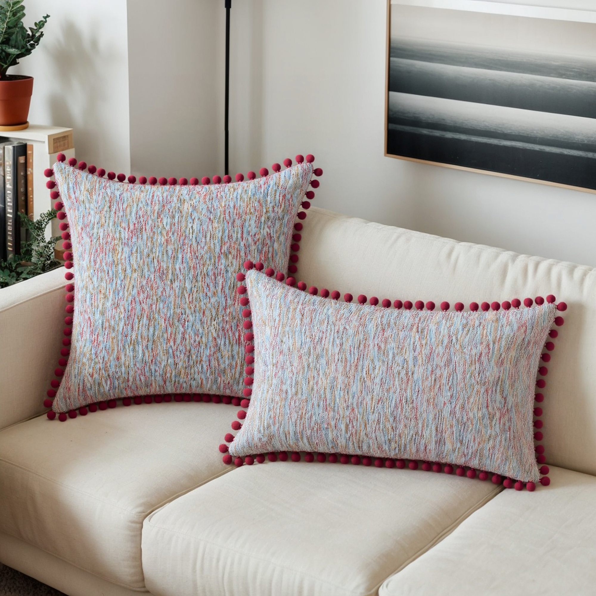Unique Bargains Pack of 2 Chenille Throw Pillow Covers with Pom-poms 20" x 12" Purple