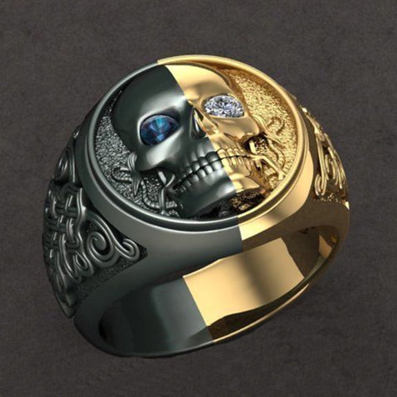Mens Skull Ring Blue White Diamond Two Tone Alloy Electroplated Fashion Jewelry Statement Piece Durable Design