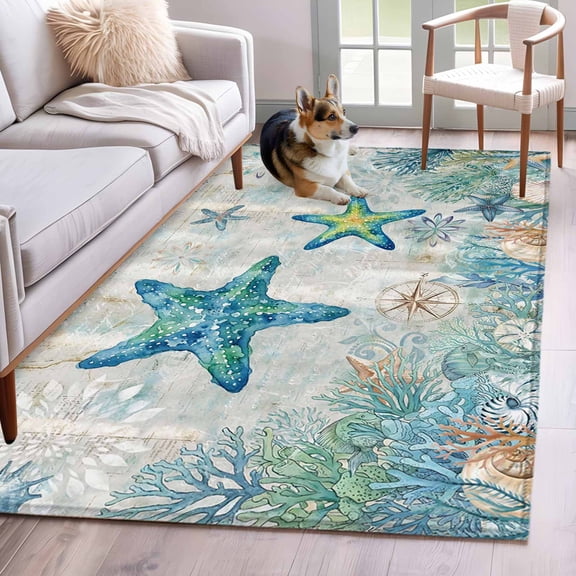 Blue Teal Starfish Coastal Washable Area Rugs 3'x5', Summer Beach Ocean Nautical Coral Low Pile Throw Living Room Rug Non-Slip Sturdy Edge Binding Carpet for Indoor Entryway Bedside Kitchen