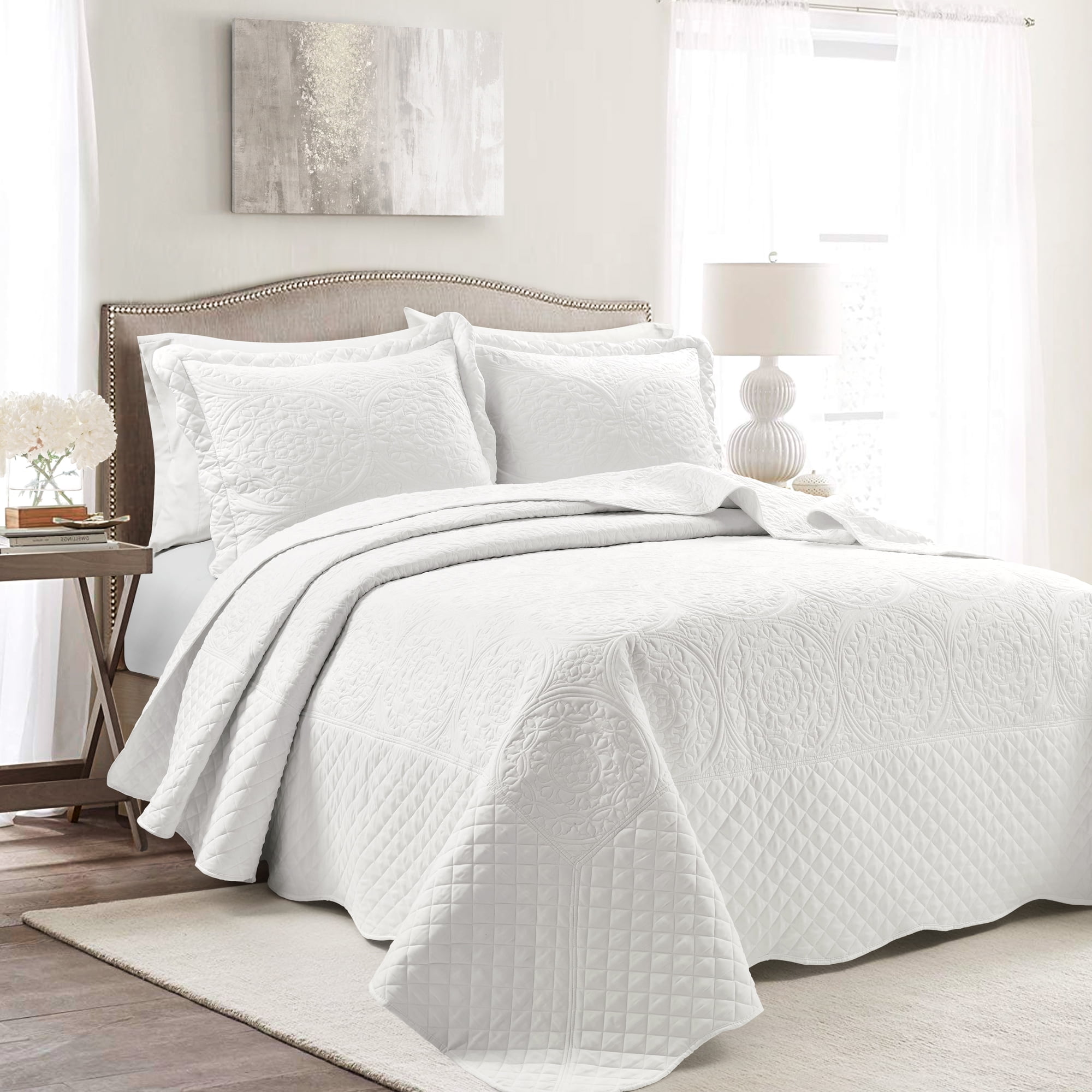 Quilt Set Off White Queen Bedding Scalloped Edge Comforter Bed Cover Shams 