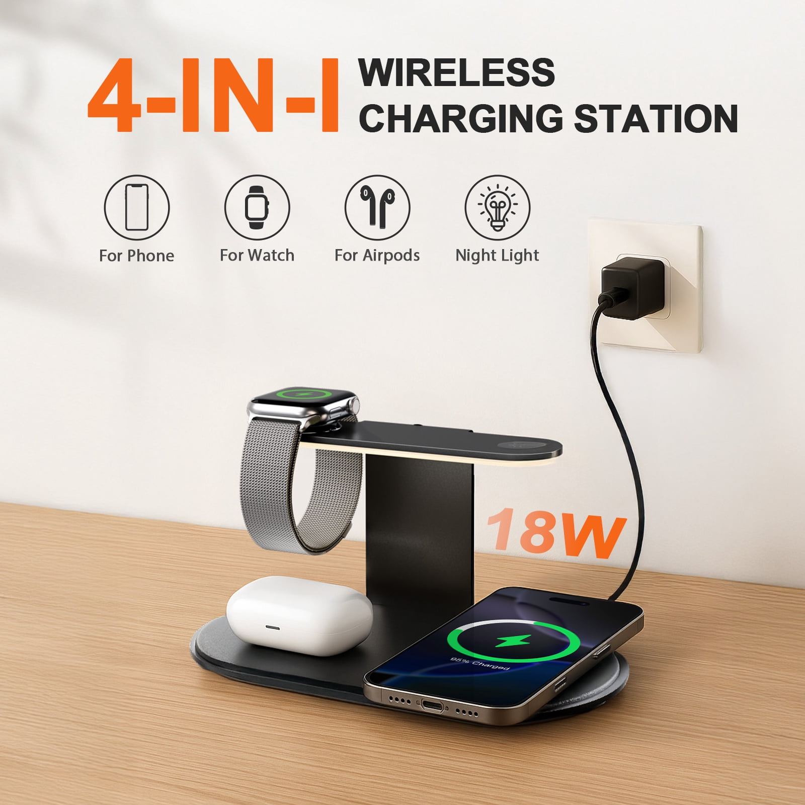 4 in 1 Charging Station,MagSafe Wireless Charger with Three Level soft Night Light,15W Wireless Charging for iPhone 12 and above series,for iWatch Series,for AirPods,USB-C Charger Included,Black