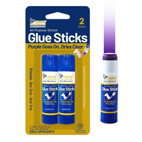 Upgrade Office Supply Acid-Free All Purpose School Glue Sticks, 6g, 2 Count, Purple Goes On Dries Clear, Washable, Non-Toxic