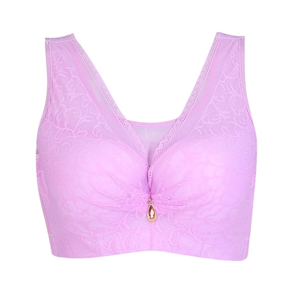 Plus Size Full Coverage Lace Lifting Tshirt Bra Summer Thin Full Cup Bra Wireless Lace Wide Straps Everyday Bra Lift Bust Shaping Bra Posture Correcting No Underwire Bra for Seniors Purple 46D
