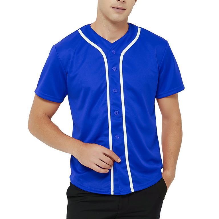 Toptie Men's Baseball Jersey Plain Button Down Shirts Team Sports Uniforms-Blue White-XL